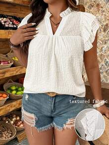 Breezaya Blusa casual holgada con cuello en V, manga de campana y volantes de tela tejida texturizada para mujer de talla grande, versátil para uso diario, fiestas, playa y hogar - Blanco - Ver 3