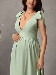 Momance Robe de maternité élégante sans manches avec col en V profond et nœud aux épaules, couleur unie - Vert - Voir 4