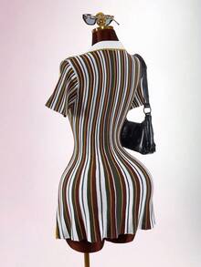 Amplova Colorblock Multicolor Stripes Polo Collar Cinched Waist A-Line Knit Mini Dress Brunch Autumn Elegant Classy - Multicolor - View 2