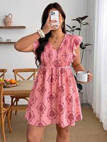Enliva Plus Size Casual Minimalist Small V-Neck Vintage Bohemian Print Pattern Women's Short Dress, Suitable For Spring/Summer Fashion, Vacation, Casual, Daily Wear, For Apple And Rounded Body Shape - Multicolor - View 4