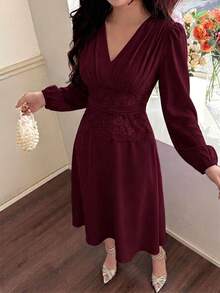 Feyla Women's Pleated Lace Patchwork Elegant Dress - Burgundy - View 4