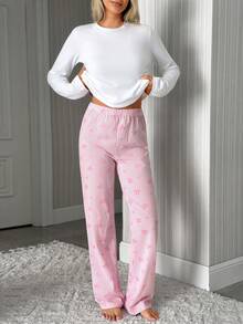 SHEIN 女士纯棉白色圆领长袖睡衣上衣搭配蝴蝶结条纹长裤家居服舒适休闲睡衣套装 - 白色 - 查看 5