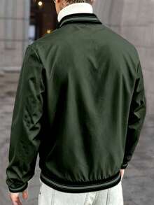 Manfinity CasualCool Men's Spring/Autumn Casual Fashion Street Style Daily Commute Color Block Striped Trim Zipper Front Baseball Jacket - Army Green - View 2