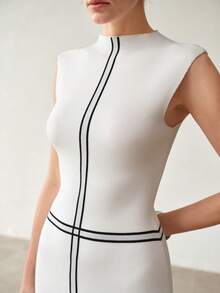 MOTF PREMIUM WOMEN'S ELEGANT CONTRAST TRIM SLIT SWEATER DRESS - White - View 3