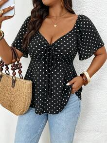 SHEIN Frenchy Plus Size Summer Casual Polka Dot Print T-Shirt - Black - View 5