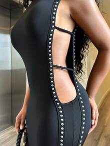 Alexandranx Vestido negro para mujer con decoración de cinta en la costura lateral, elegante para el verano - Negro - Ver 6