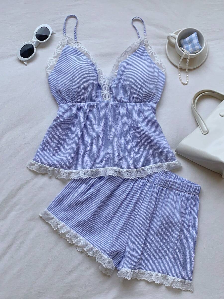 Comfortcana 2pcs Lace Trim Light Blue And White Camisole And Shorts Set Home Summer Cute - Blue - View 1