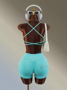 Amplova Ensemble de soutien-gorge de sport et short de couleur unie avec dos croisé pour femmes - Bleu ciel - Voir 7