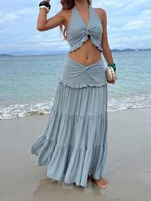 Livesso Damen Urlaubs-Set mit geknotetem, plissiertem, kurzem Neckholder-Top und langem Rock mit Rüschensaum für den Sommer - Blue Ambition - Übersicht 3