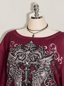 SHEIN ICON Women's Plus Size Cross Gothic Pattern T-Shirt - Burgundy - View 4