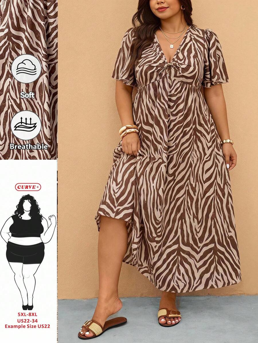 SHEIN CURVE+ Curve 尺码 US22 音乐节、海滨度假、波西米亚风休闲优雅度假 V 领收腰 A 字连衣裙，女士优雅中长连衣裙，飘逸连衣裙