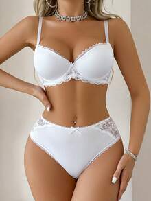 SHEIN 2 件套女士纯色蕾丝拼接细肩带休闲内衣套装带钢圈 - 白色 - 查看 5
