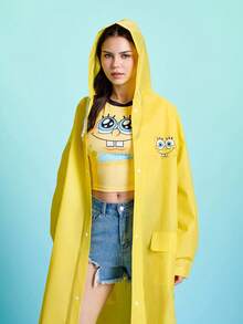 SpongeBob SquarePants | SHEIN معطف مطر مطبوع بنمط شارة 1، بونشو للبالغين، مجموعة متنوعة من الأحجام للاختيار من بينها، مناسب للرجال والنساء، قابل لإعادة الاستخدام، مناسب للتنقل والخروجات والسفر، إسفنجي - الغرض العام - مشاهدة 5