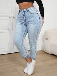 SHEIN ICON Plus Size Distressed Blue Denim Skinny Jeans - Light Wash - View 4