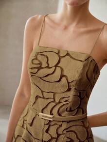 MOTF PREMIUM SUMMER ARTISTIC ROSE TEXTURE CAMISOLE JUMPSUIT, ELEGANT WAIST-CINCHING SLIMMING HIGH-END DESIGN FOR WOMEN - Khaki - View 5