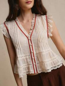 CielaLinda Women's Ruffle V-Neck Lace Cutout Trim Blouse With Flutter Sleeves - Apricot - View 5
