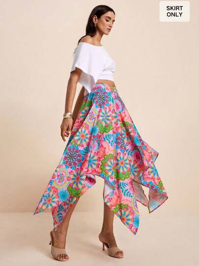 LOTSLUV Women's Spring/Summer Vacation Elegant Colorful Asymmetrical Hem All-Over Print Skirt