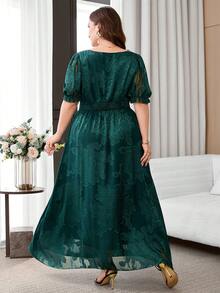 Reflora Plus Size Women Square Neck Jacquard Pleated Casual Party Dress - Dark Green - View 2