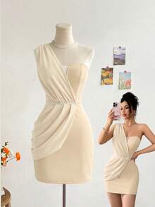 Elenzga Asymmetrical Fabric Patchwork Diamond Decor Bodycon Elegant Sexy Romantic Exquisite Women's Dress Ruched Formal Gown Night Out Wedding Peach Summer - Apricot - View 8