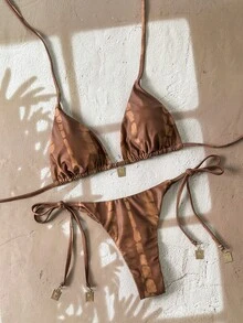 Swim Vcay 2件組女款夏季隨機印花細肩帶金屬裝飾性感比基尼套裝 - 彩色 - 查看 3