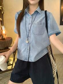 DAZY Women's Casual Loose Fit Short Sleeve Collared Light Blue Washed Denim Top With Pocket Decor Cute Tops - Blue - View 1