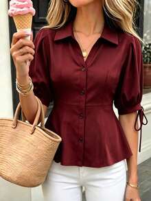 Franclia 優雅短袖T恤上衣，修身收腰、遮肚澎澎袖女款上衣 - 酒紅色 - 查看 3