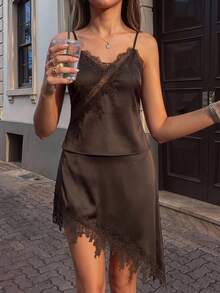 SHEIN Women's Solid Color Satin Lace Trim Asymmetrical Design Camisole Top, Skirt, Dark Brown Set, 2pcs Set, Commuter Set, Summer, Night Out Date Night Sexy - Brown - View 3