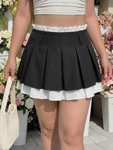 SHEIN MOD Minifalda gris con parches y doble capa plisada talla grande - Negro - Ver 6