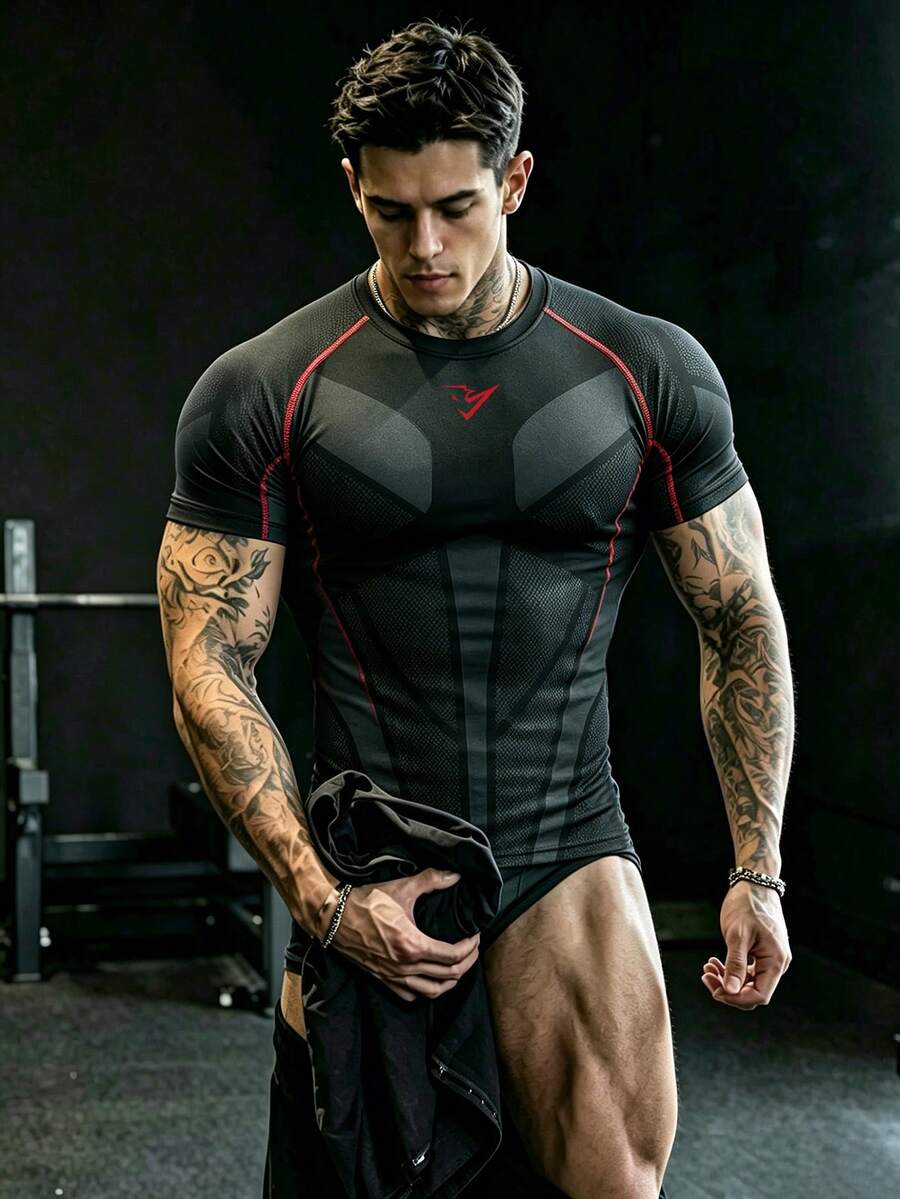 GymBeat 男士圓領短袖修身運動T恤,健身房適用 - 黑色 - 查看 1