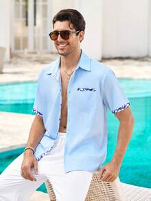 Mercer Haus Men's Floral Printed Button Pocket Short Sleeve Hawaiian Shirt For Summer - Baby Blue - View 1