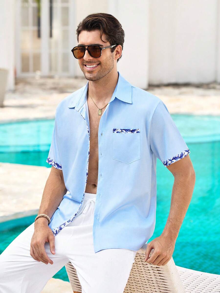 Mercer Haus Men's Floral Printed Button Pocket Short Sleeve Hawaiian Shirt For Summer - Baby Blue - View 1