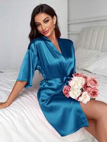 Moireta Bata elegante de mujer de unicolor con manga corta y lazo en la cintura - azul real - Ver 6