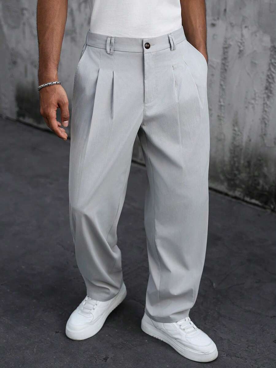 Manfinity Homme 男士休闲日常工作服简约纯色斜插口袋褶裥长裤男士西裤男士高腰裤男士宽松裤男士褶裥西装裤灰色裤子复古风格日常休闲、周末旅行、远足、轻松的工作环境、男友/丈夫礼物、周年纪念/生日礼物派对夏季假期复古风格婚礼 - 淺灰色 - 查看 1