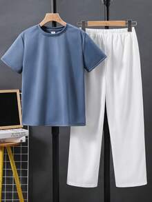 SHEIN Setelan Kaos Lengan Pendek Kerah Bulat dengan Cetakan Huruf di Bagian Belakang dan Celana Panjang dengan Saku untuk Anak Laki-Laki (Tween Boy) - Biru - View 2