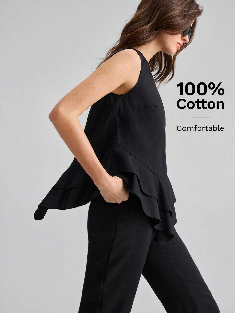 2026 New Summer Women's Loose Fit Black Sleeveless Top, Woven Fabric, Round Neck, Back Button, Patchwork Double Layer Ruffle Design, Casual Commuter Urban Modern Minimalist Elegant Tea Party Independence Day Old Money Style Teacher Outfit Women's Office Wear Holiday Dress Up Vacation Date Outfit Women's Outwear Fashion Versatile Women's Tank Top