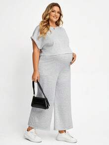 Plussiva Plus Size Maternity Textured Minimalist Top And Adjustable Waist Casual Loose Pants 2 Pieces Set - Grey - View 5