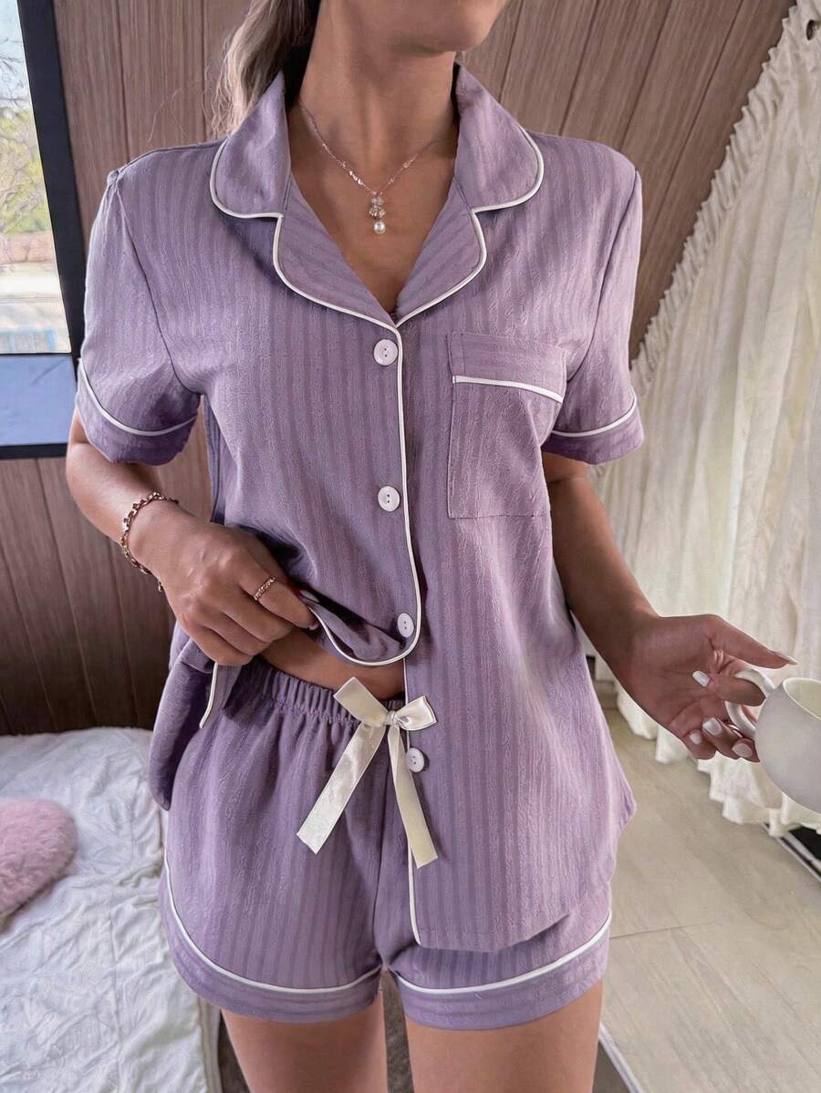 SHEIN 女款對比滾邊蝴蝶結裝飾睡衣套裝,翻領、短袖與短褲 - 紫色 - 查看 1