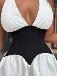 Alexandranx Women's Black And White Color-Blocked Halter Neck Deep V-Neck Short Dress, Birthday Dress.Beach Dress ,Valentines Day Dress Elegant Party Summer - Black and White - View 7