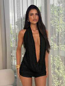 SHEIN ICON Vestido de verano Y2K para mujer, para salir, cumpleaños, espalda descubierta, encaje, cuello halter con lazo, escote pronunciado, sexy y casual - Negro - Ver 6
