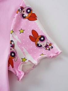 THE POWERPUFF GIRLS X SHEIN Young Girl Cartoon Print Round Neck Short Sleeve Top And Ruffle Hem Shorts Set, Casual Home Wear - Multicolor - View 5
