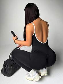 SHEIN Rhythm Era Plus Size Women's Ribbed U-Neck Backless Spaghetti Strap Seamless Tight Fit Yoga Sports Jumpsuit Gym Sports Black And White Summer - Black and White - View 4