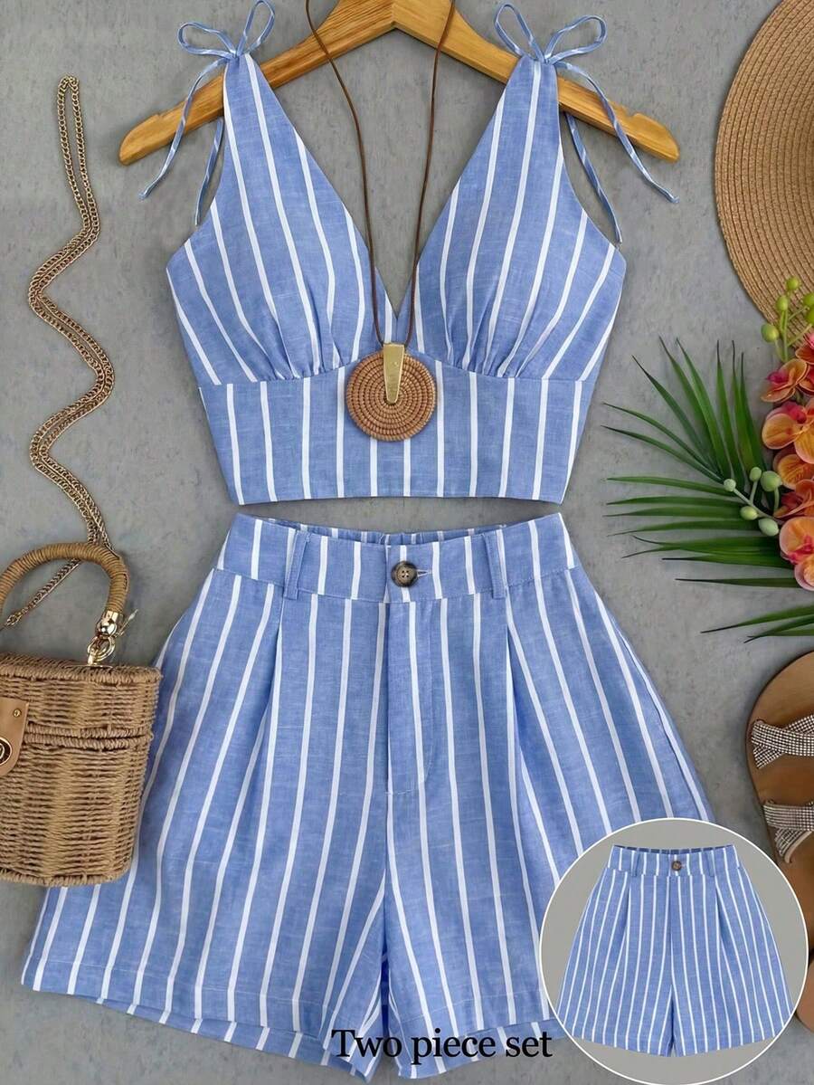 SHEIN Franclia Blue And White Striped Tie-Up Ruffled Top And A-Line Shorts Set. Summer Holiday Beach Outfit Set, Blue Set. - Blue - View 1