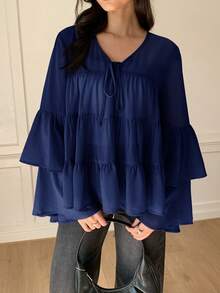 Solavon Camisa de vacaciones versátil con volantes en el bajo y lazo delantero para mujer - Azul Marino - Ver 5