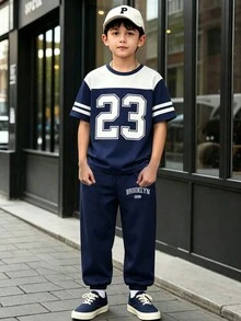 SHEIN 青少年男孩休閒舒適時尚簡約個性化數字23圖案字母口號印花字母圖案休閒風格春夏季短袖T恤與長褲套裝適合戶外運動休閒度假穿著 - 彩色 - 查看 2
