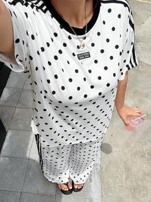 SHEIN EZwear 大尺碼女款白色印花短袖T恤與長褲休閒牛仔套裝，適合夜店、居家、辦公、早午餐、度假、正式場合，夏季穿著 - 黑與白 - 查看 5