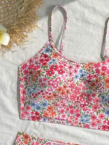 Swim Vcay Floral Print Spaghetti Strap Tankini Set (Top And Bottom) - Multicolor - View 3