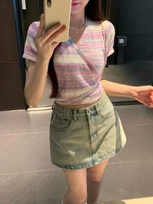 DAZY 女款夏季V領彩虹漸層條紋交叉裹身修身短版休閒婚禮針織上衣 - 彩色 - 查看 5