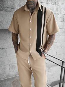 Manfinity CasualCool 男士純色單排扣短袖襯衫與長褲休閒日常七分褲套裝 - 卡其色 - 查看 3