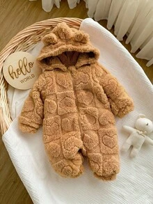 Newborn Baby Girl Autumn/Winter Cute 3D Ear Fluffy Zipper Hooded Romper - Mocha Brown - View 6