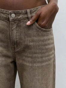 Maija Celana Jeans Wanita Longgar Kasual Model Kaki Lebar dengan Ujung Bawah Digulung dan Saku - Coklat - View 2